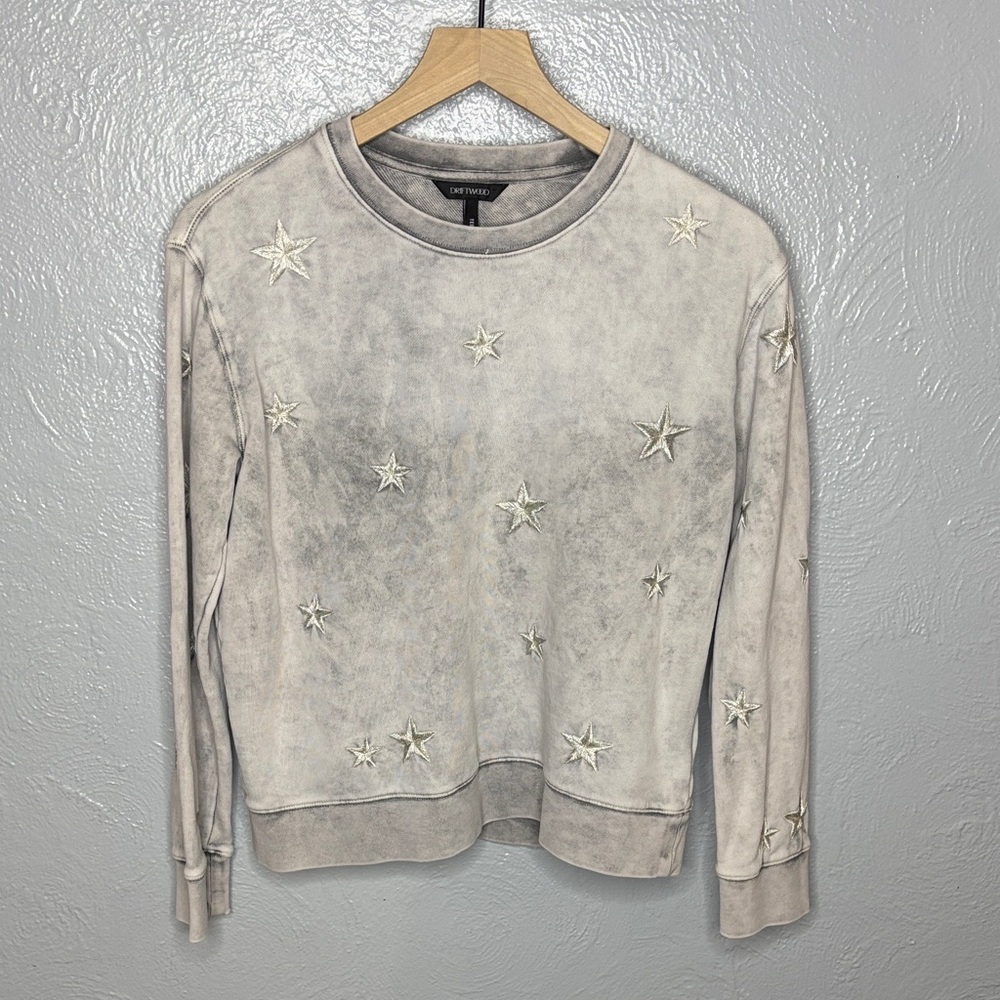 Driftwood Teddy Crewneck Embroidered Star Sweatshirt Small Gray Silver